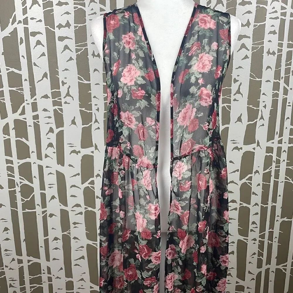 Foreign Exchange Long Sheer Rose Print Lace Back Open Front Maxi Vest Duster sz - Picture 3 of 10